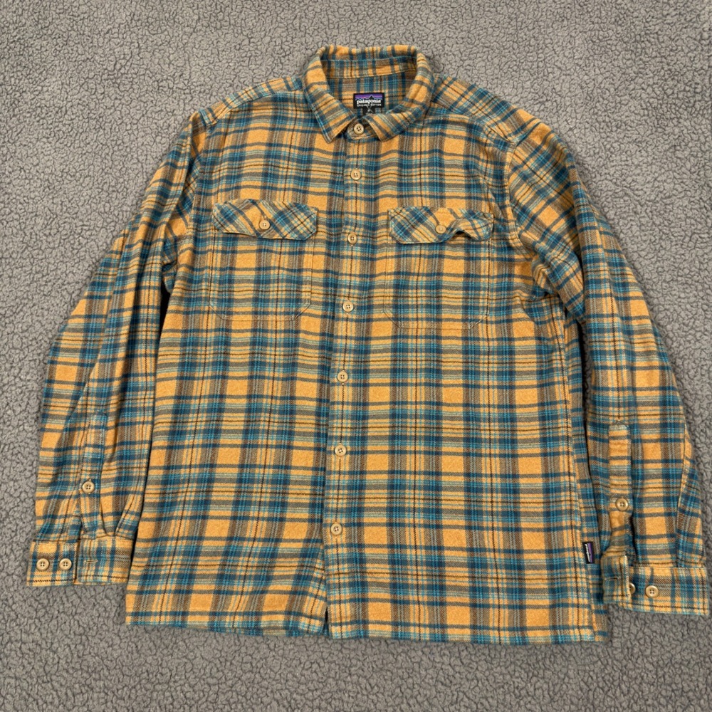 Patagonia Fjord Flannel Shirt Mens Medium Organic Cotton Plaid Mustard Blue Tan
